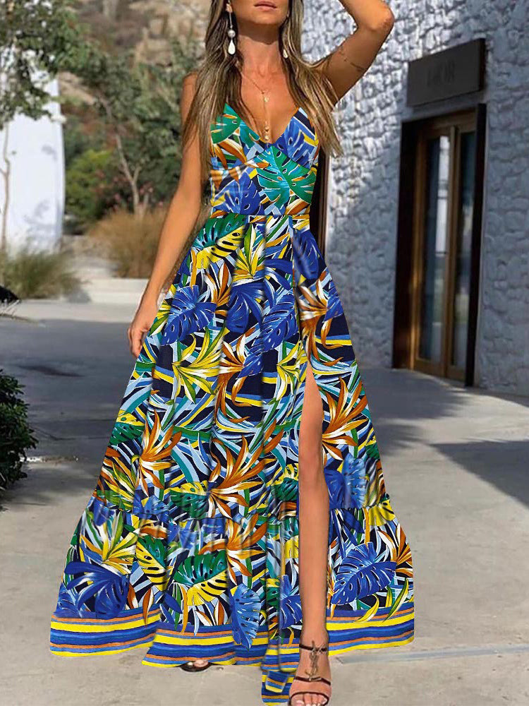 Leaf Print Deep V Neck Slit Sling Dress - LuckyFash™