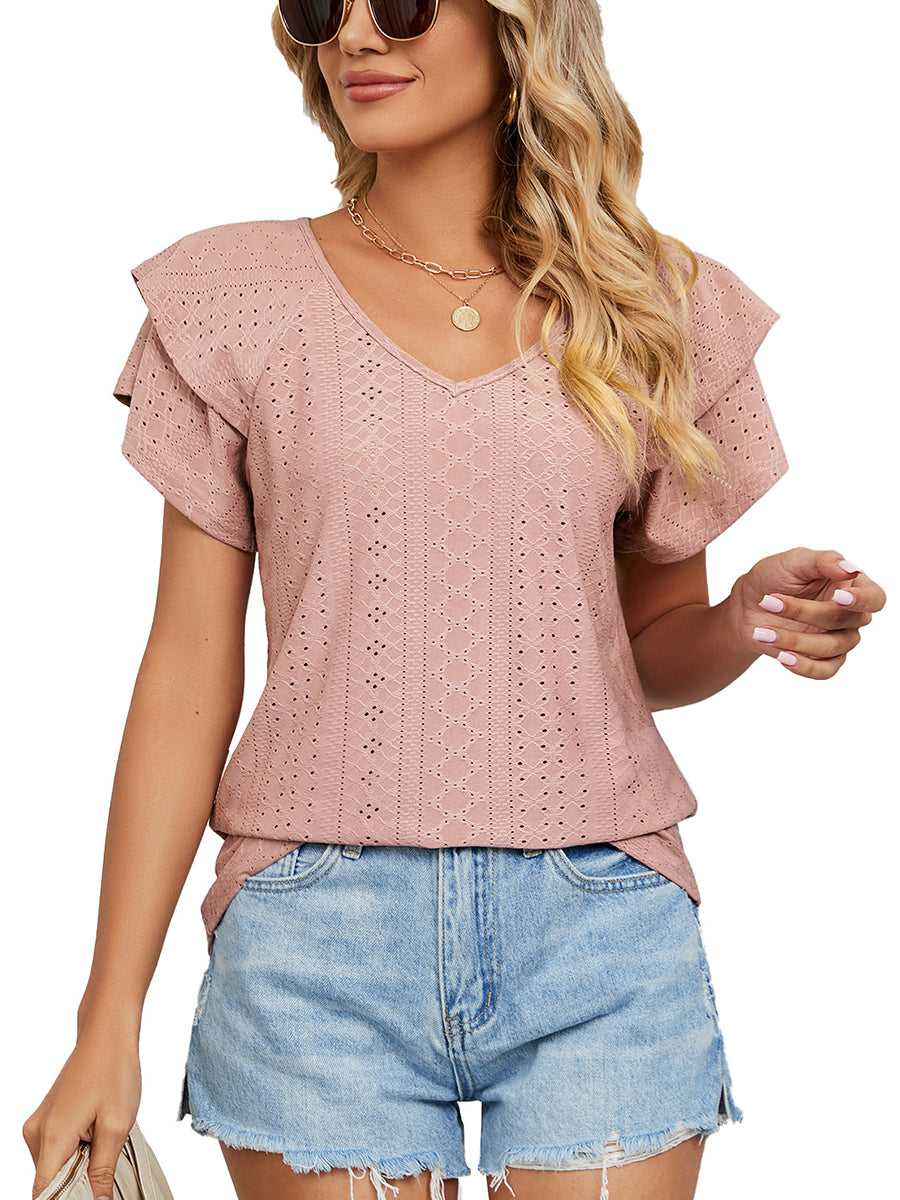 Women’s T-Shirts Solid Color V-Neck Loose Short Sleeve Double Sleeve T-Shirt - LuckyFash™