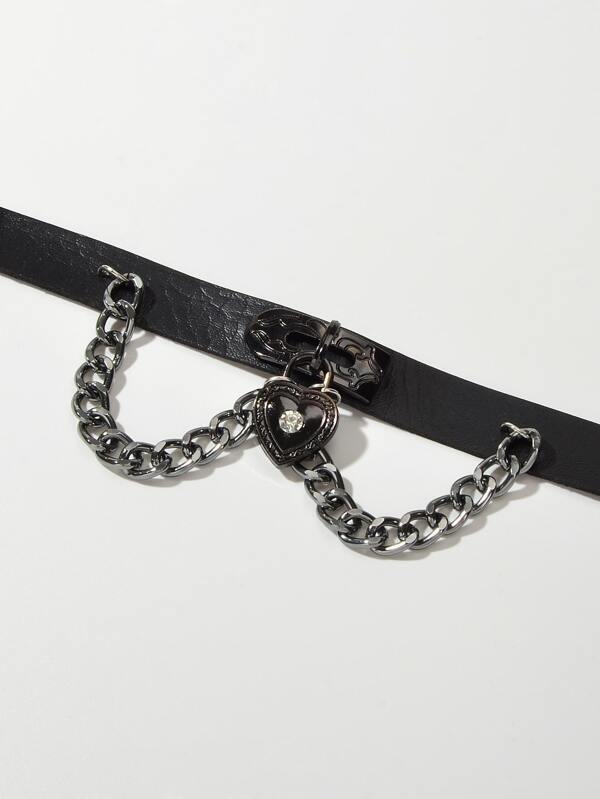 Black Gothic Ajustable Pu Leather Choker Collar Necklace With Heart Pendant - LuckyFash™