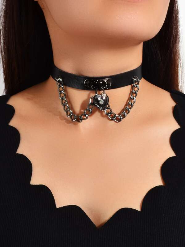 Black Gothic Ajustable Pu Leather Choker Collar Necklace With Heart Pendant - LuckyFash™