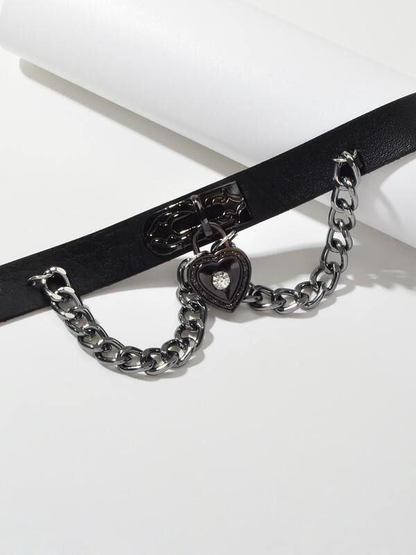 Black Gothic Ajustable Pu Leather Choker Collar Necklace With Heart Pendant - LuckyFash™