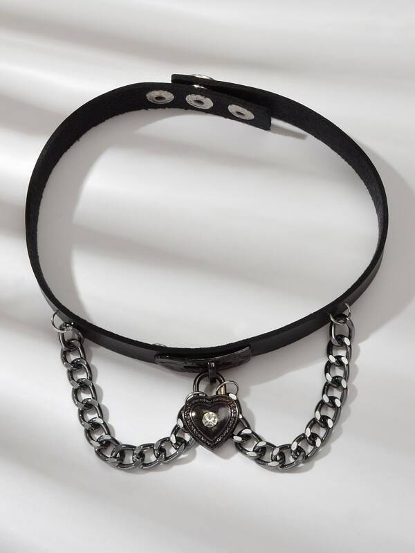 Black Gothic Ajustable Pu Leather Choker Collar Necklace With Heart Pendant - LuckyFash™