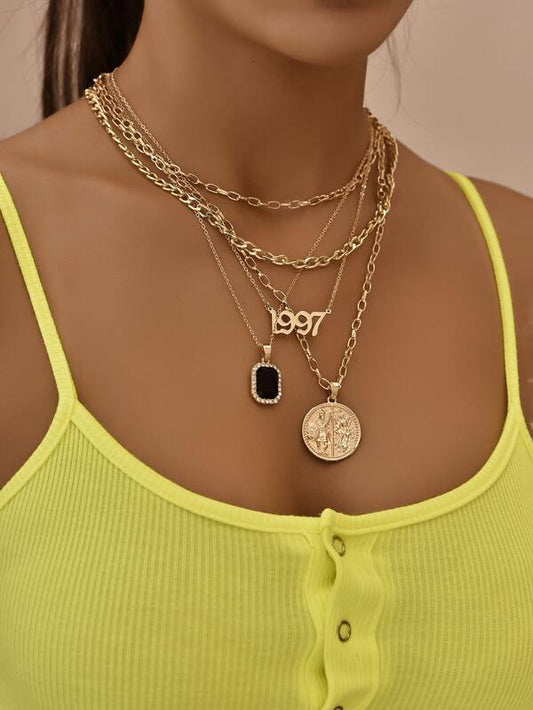 Number & Roman Coin Charm Layered Necklace - LuckyFash™