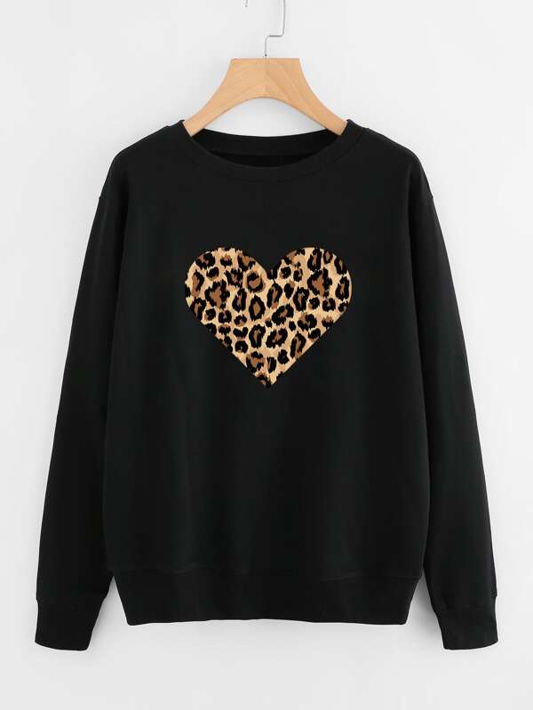 Leopard Heart Print Drop Shoulder Sweatshirt - LuckyFash™