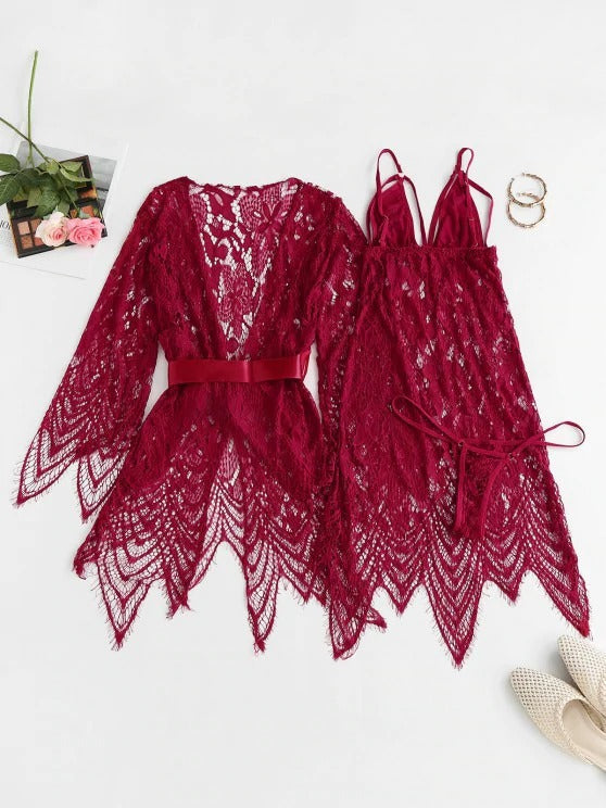 Lace Eyelash See Thru Sexy Lingerie Babydoll with Robe - LuckyFash™