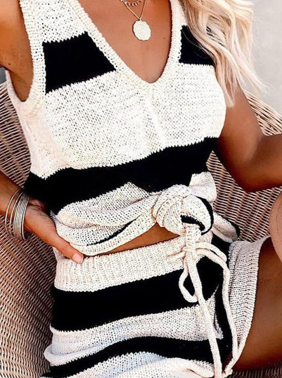 Knitted Colorblock Top & Drawstring Shorts Set - LuckyFash™