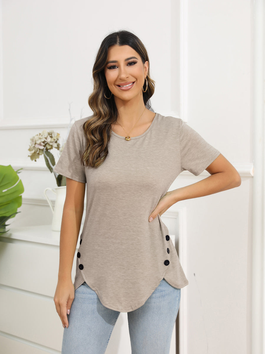 Women’s T-Shirts Irregular Button Short Sleeve Round Neck T-Shirt - LuckyFash™