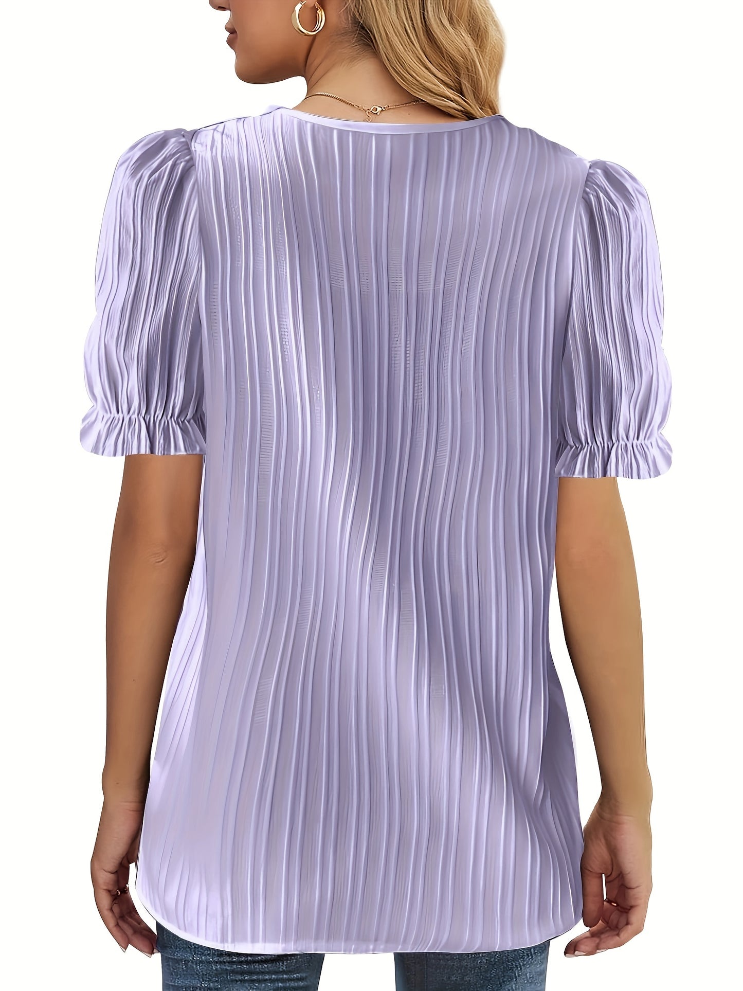 Lace Trim Solid Blouse, Elegant V-neck Short Sleeve Blouse, Women's Clothing