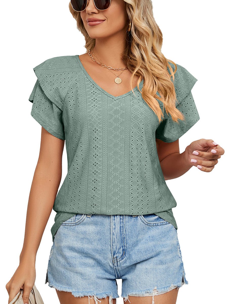 Women’s T-Shirts Solid Color V-Neck Loose Short Sleeve Double Sleeve T-Shirt - LuckyFash™