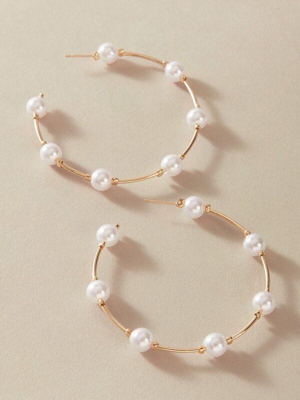 1pair Faux Pearl Decor Cuff Hoop Earrings - LuckyFash™
