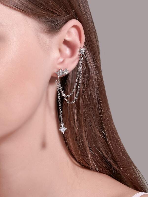 1pair Rhinestone Decor Chain Mismatched Earrings - LuckyFash™