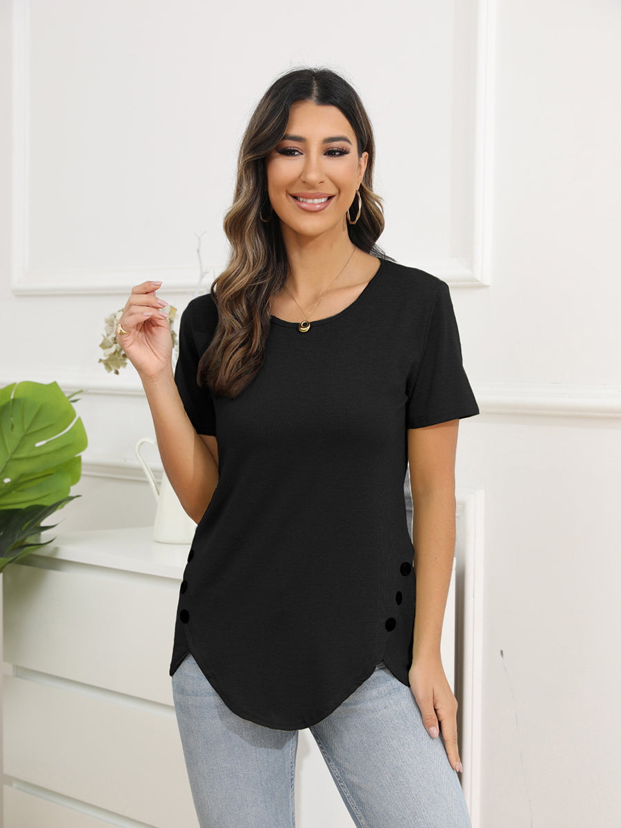 Women’s T-Shirts Irregular Button Short Sleeve Round Neck T-Shirt - LuckyFash™
