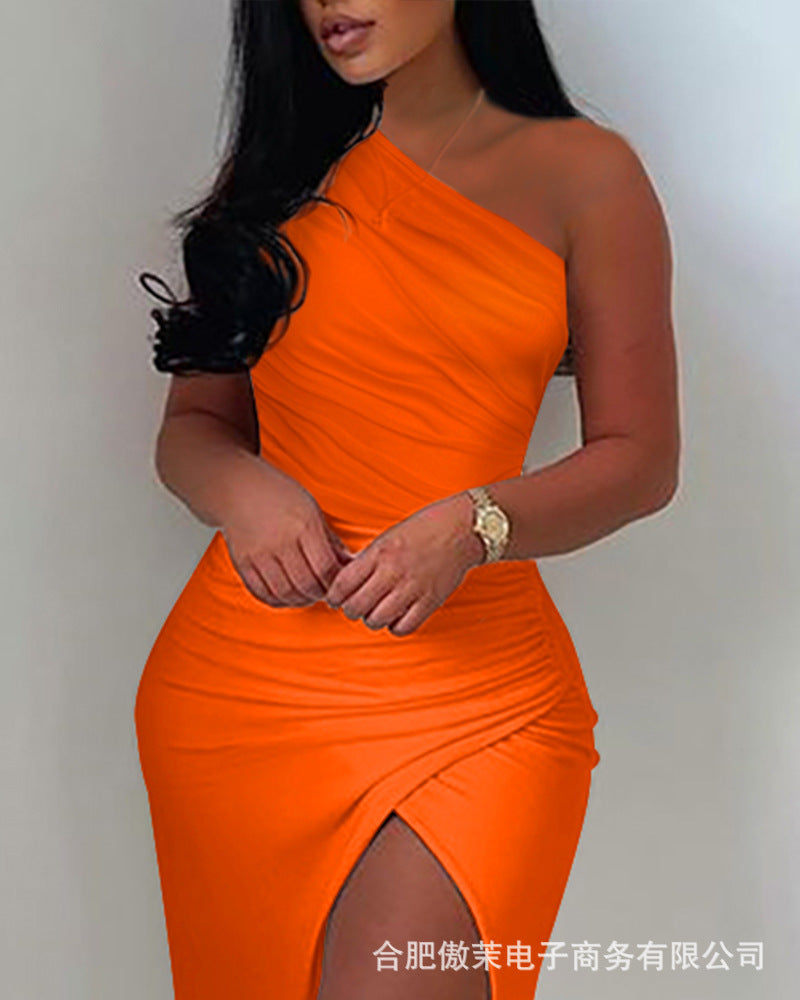 Dresses Sloping Shoulder Slit Slim Dress - LuckyFash™