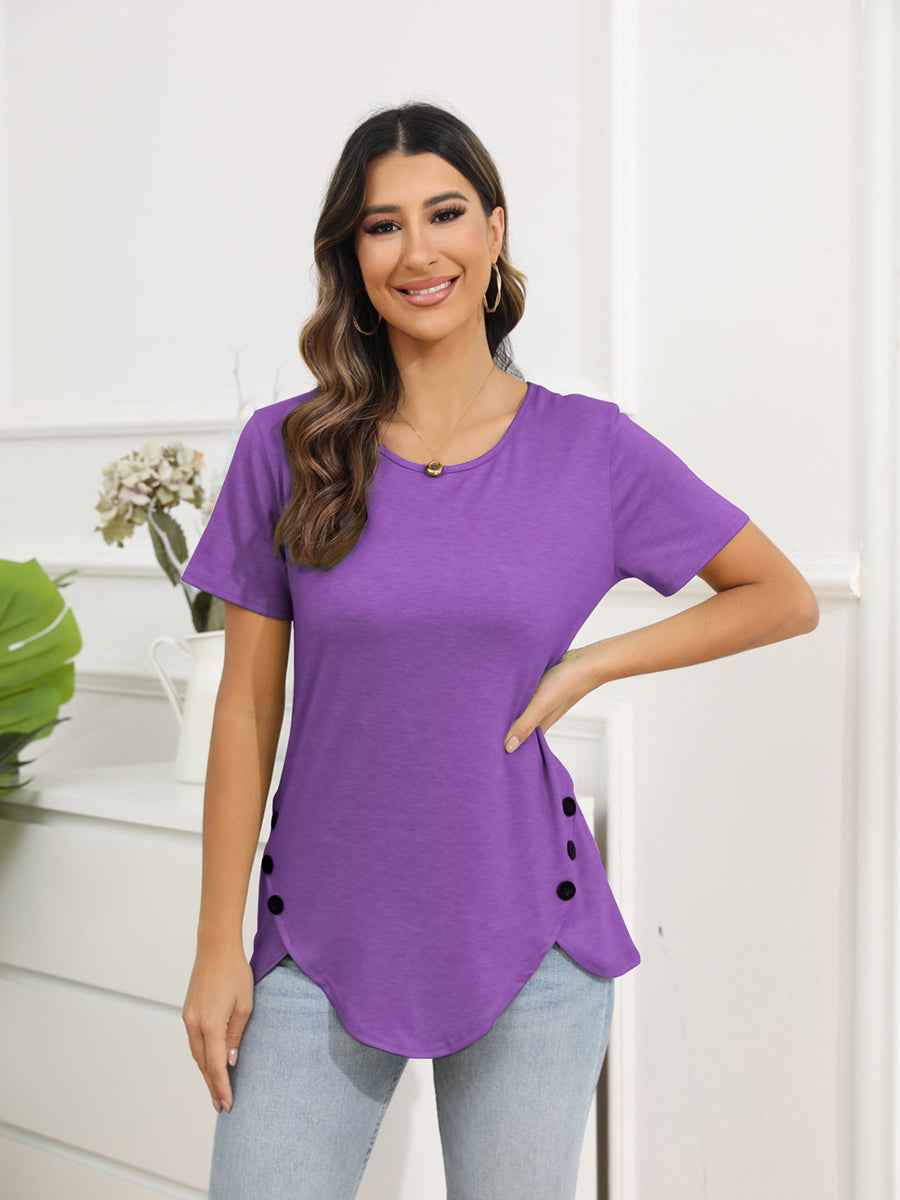 Women’s T-Shirts Irregular Button Short Sleeve Round Neck T-Shirt - LuckyFash™