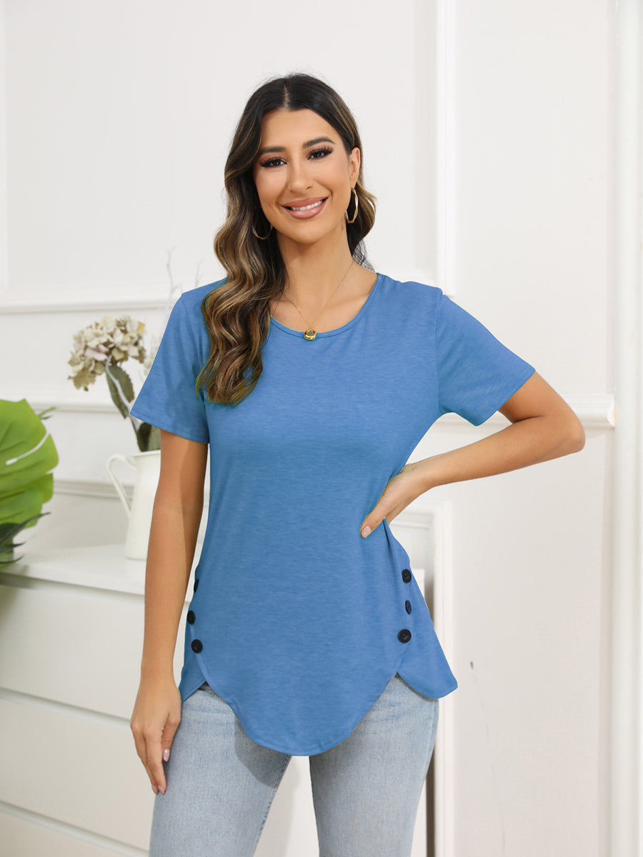 Women’s T-Shirts Irregular Button Short Sleeve Round Neck T-Shirt - LuckyFash™