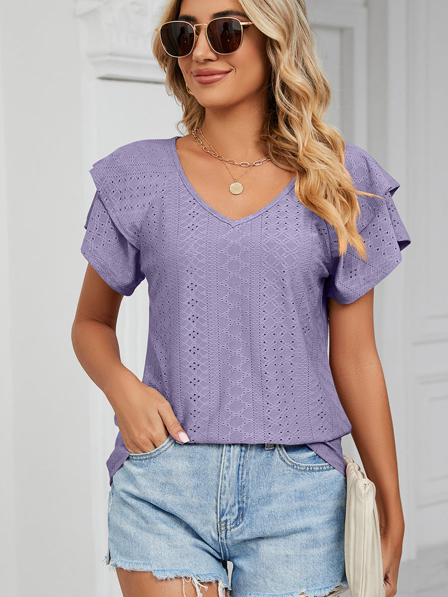 Women’s T-Shirts Solid Color V-Neck Loose Short Sleeve Double Sleeve T-Shirt - LuckyFash™