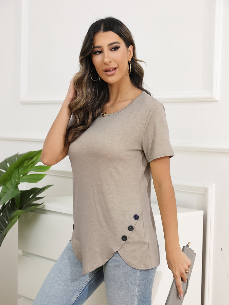 Women’s T-Shirts Irregular Button Short Sleeve Round Neck T-Shirt - LuckyFash™