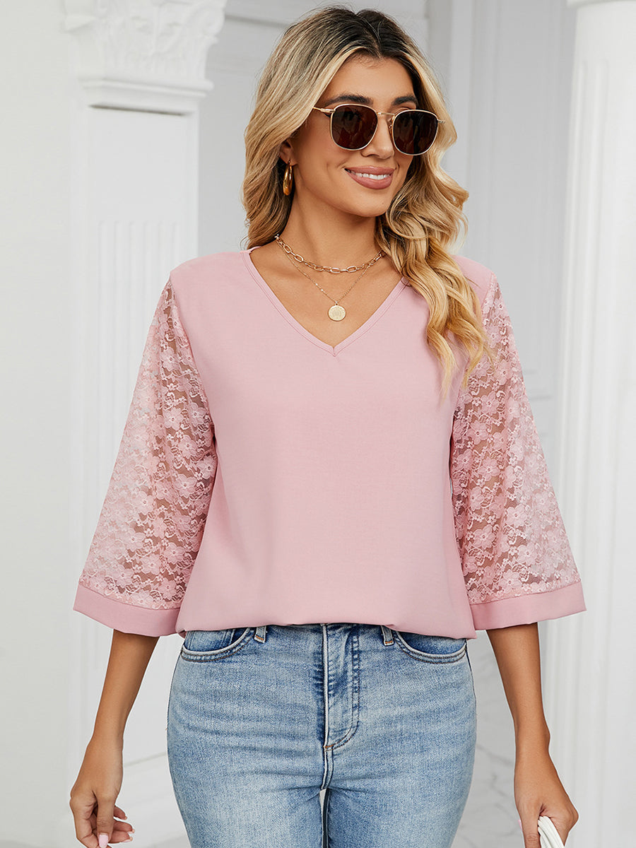 T-Shirts Loose V-Neck Lace Patchwork T-Shirt - LuckyFash™