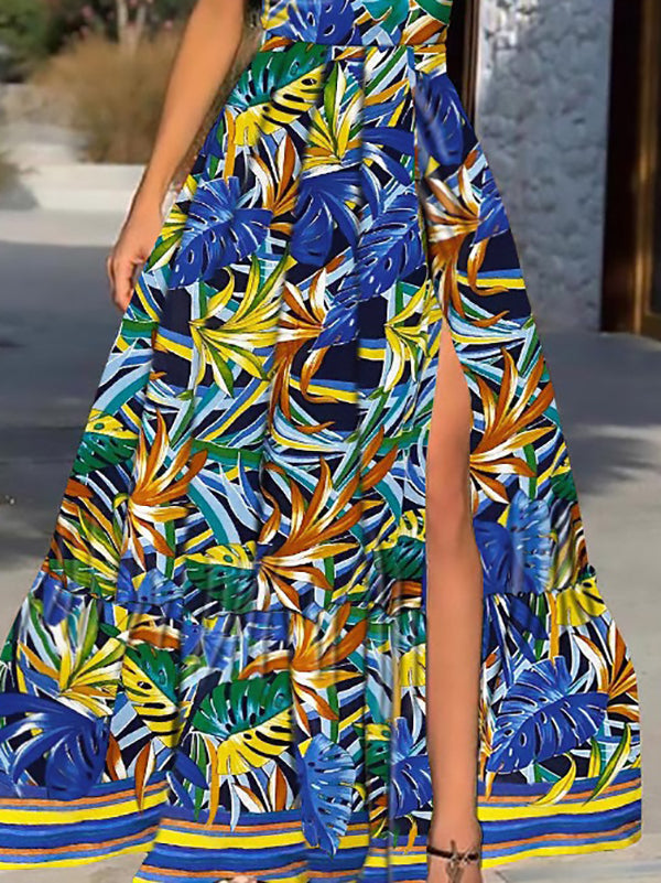 Leaf Print Deep V Neck Slit Sling Dress - LuckyFash™