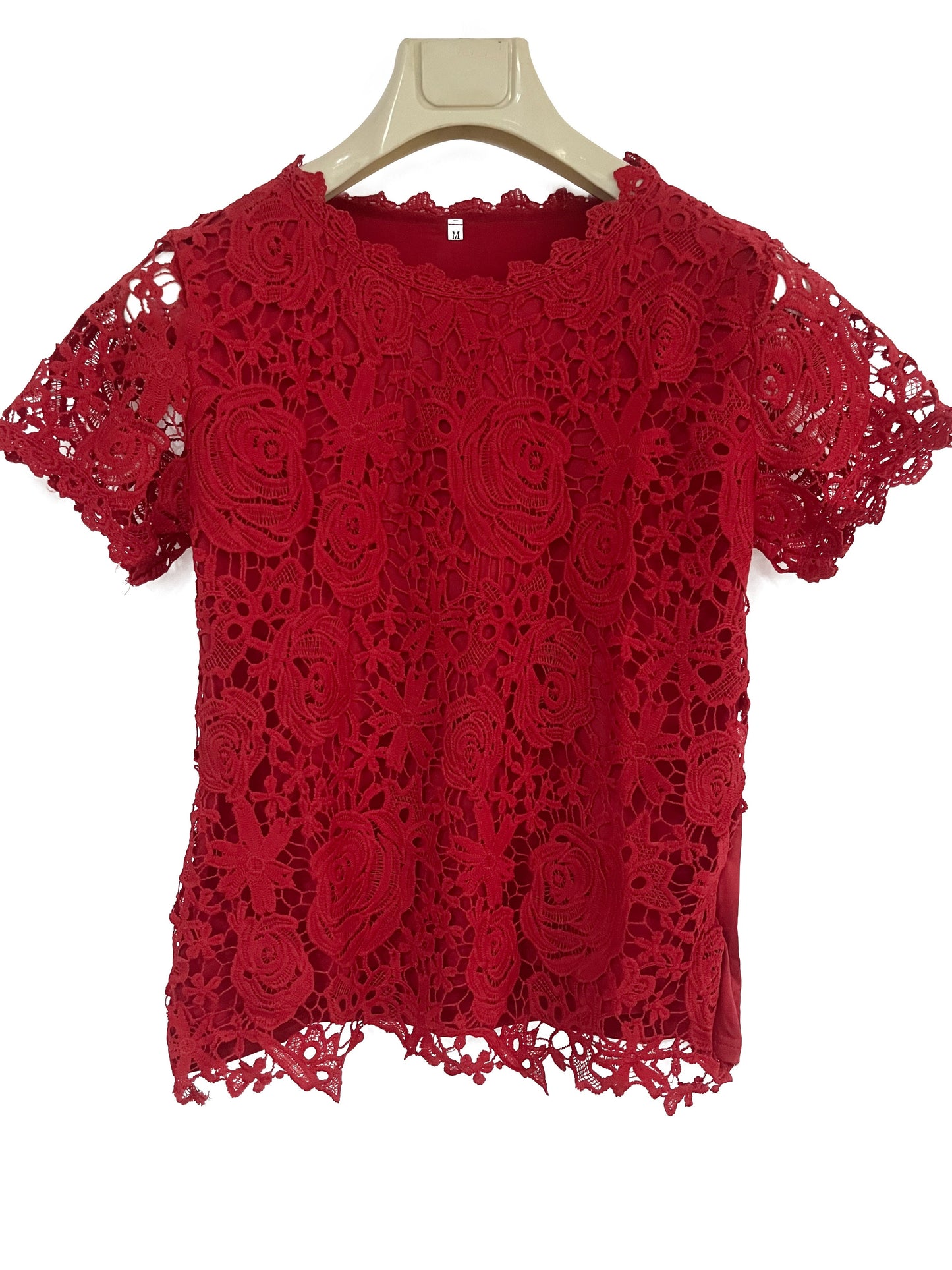 Lace Crew Neck T-Shirt, Elegant Short Sleeve T-Shirt For Spring & Summer, Women's Clothing