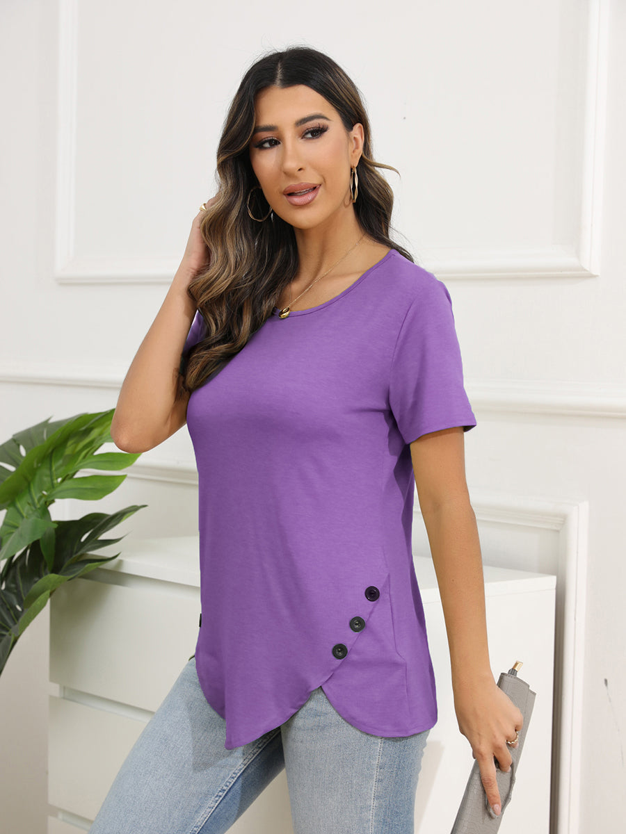 Women’s T-Shirts Irregular Button Short Sleeve Round Neck T-Shirt - LuckyFash™
