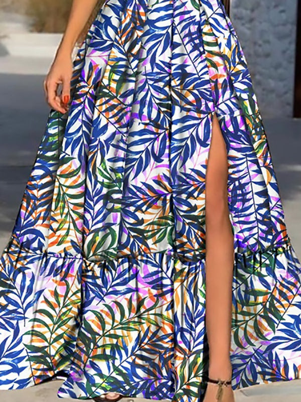Leaf Print Deep V Neck Slit Sling Dress - LuckyFash™