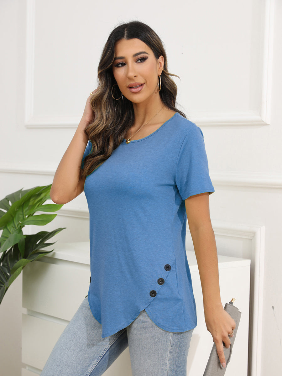 Women’s T-Shirts Irregular Button Short Sleeve Round Neck T-Shirt - LuckyFash™