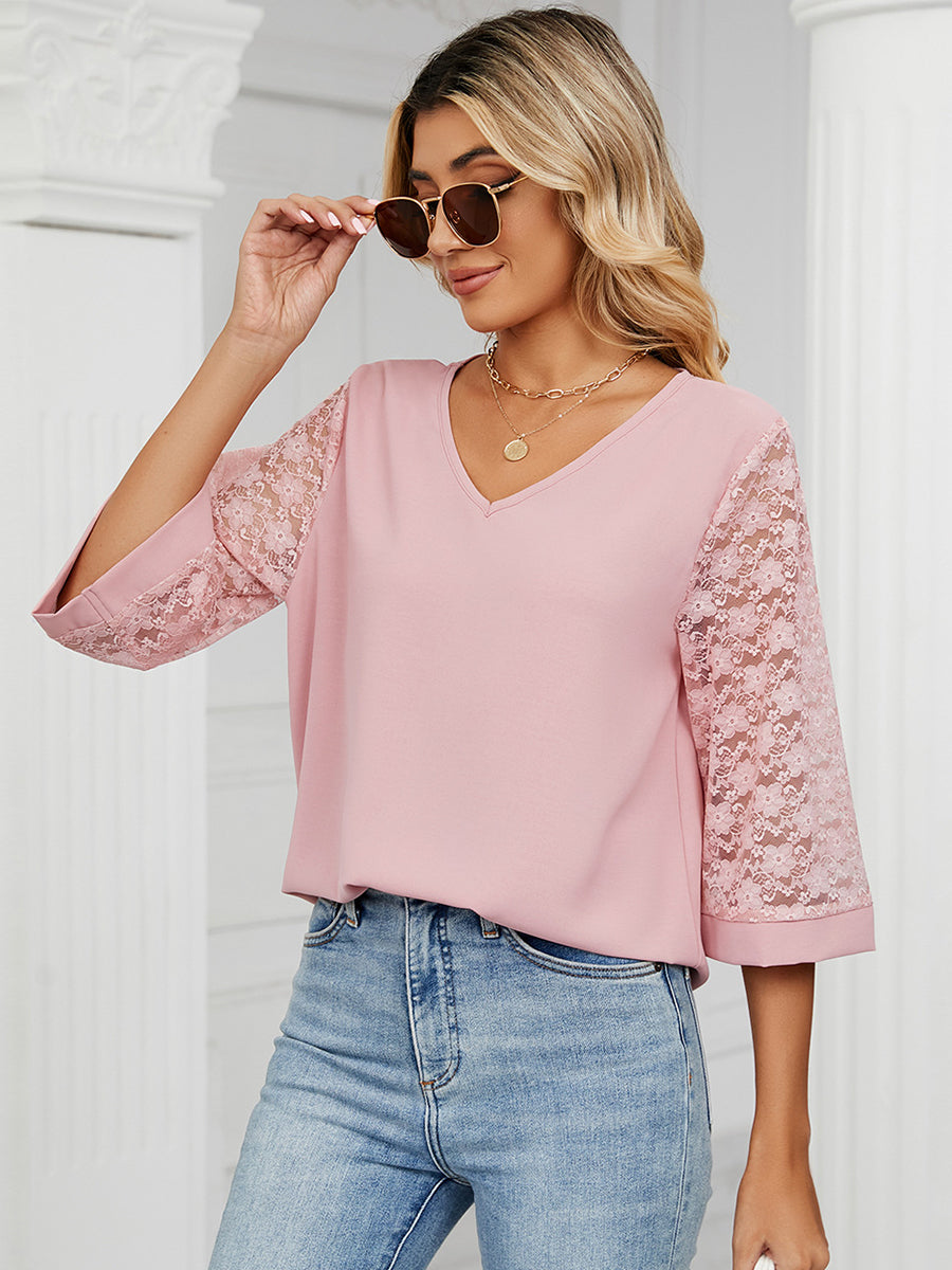 T-Shirts Loose V-Neck Lace Patchwork T-Shirt - LuckyFash™