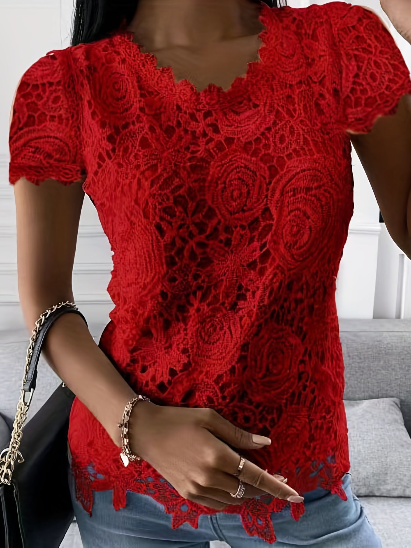 Lace Crew Neck T-Shirt, Elegant Short Sleeve T-Shirt For Spring & Summer, Women's Clothing