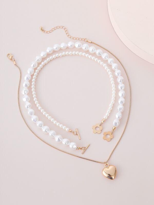 3pcs Faux Pearl Heart Decor Necklace - LuckyFash™