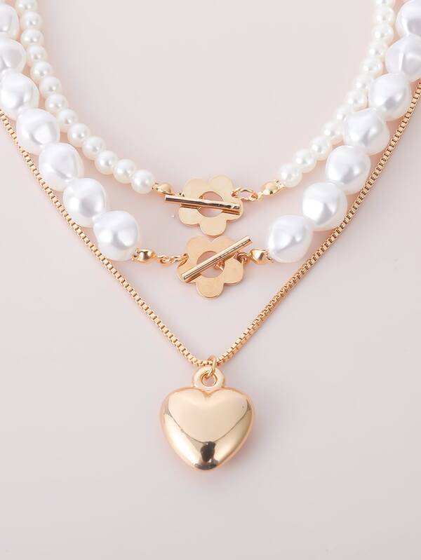 3pcs Faux Pearl Heart Decor Necklace - LuckyFash™