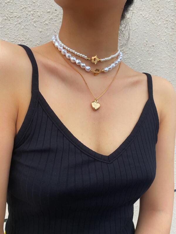 3pcs Faux Pearl Heart Decor Necklace - LuckyFash™