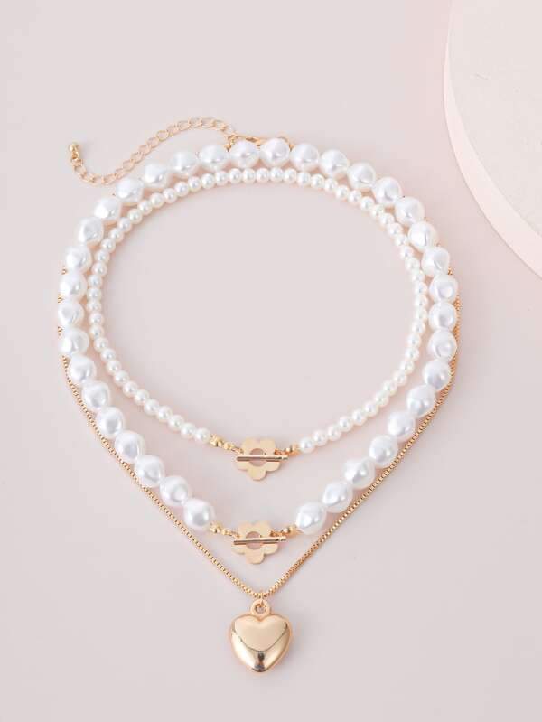 3pcs Faux Pearl Heart Decor Necklace - LuckyFash™