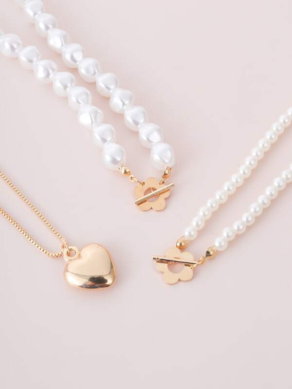 3pcs Faux Pearl Heart Decor Necklace - LuckyFash™