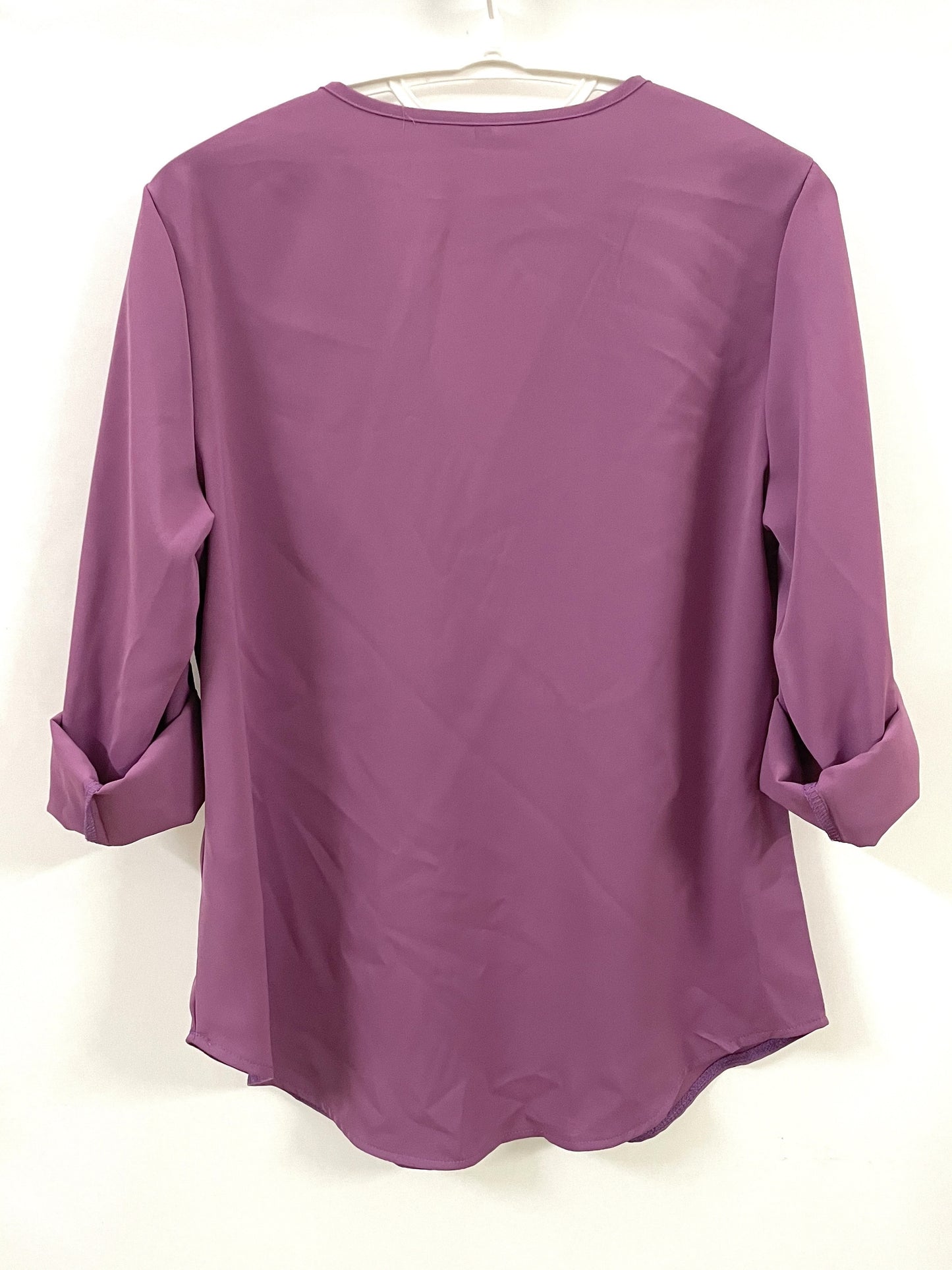 Solid V Neck Blouse, Casual Ruched Rollable Sleeve Half Zip Blouse, Women's Clothing
