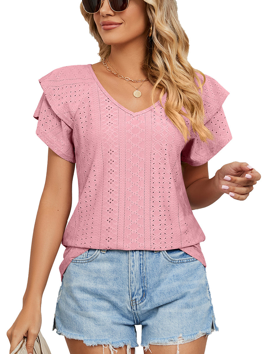 Women’s T-Shirts Solid Color V-Neck Loose Short Sleeve Double Sleeve T-Shirt - LuckyFash™