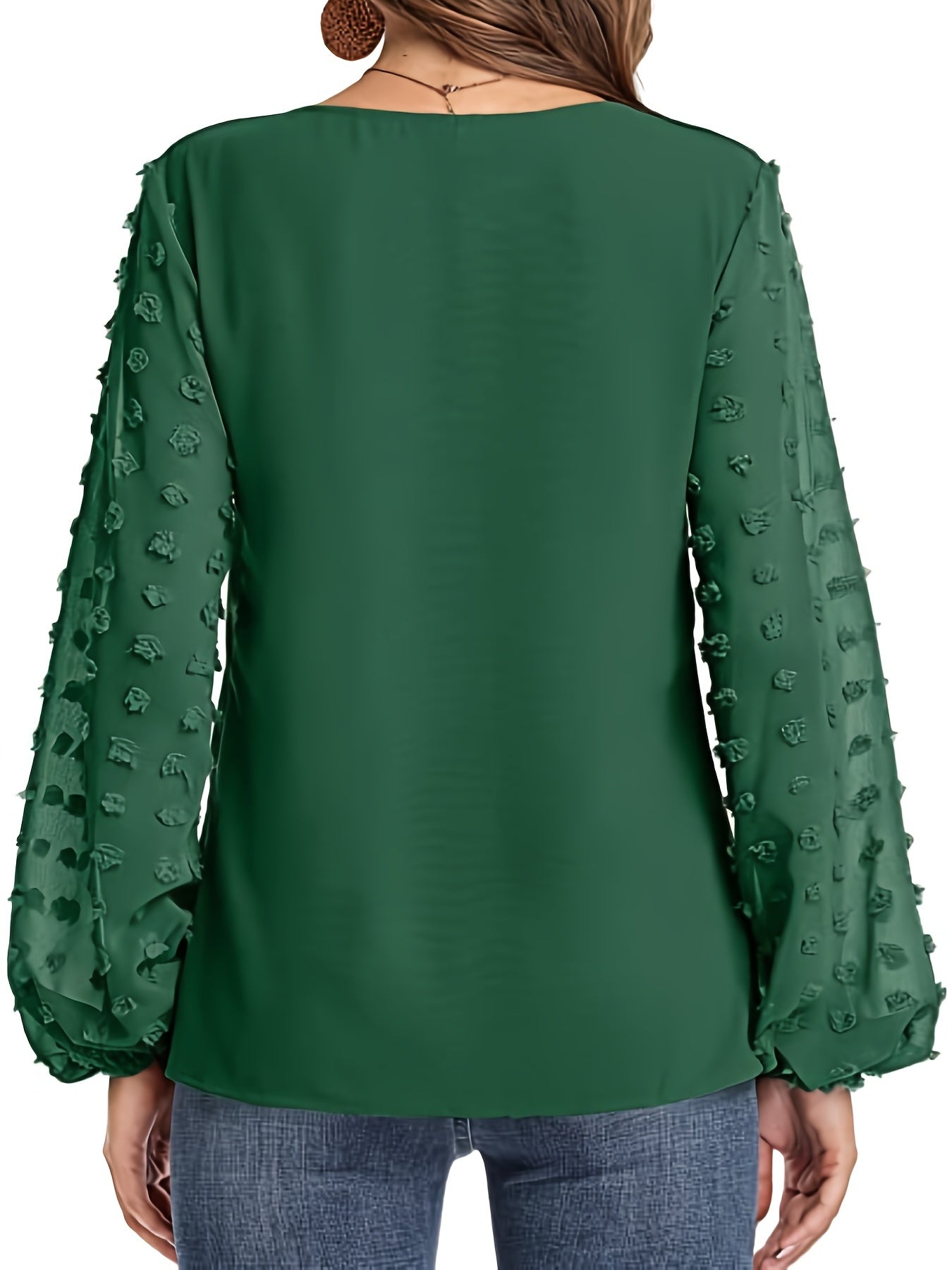 Swiss Dot Sleeve Shirt, Casual V Neck Solid Shirt For Spring & Fall, Women's Clothing