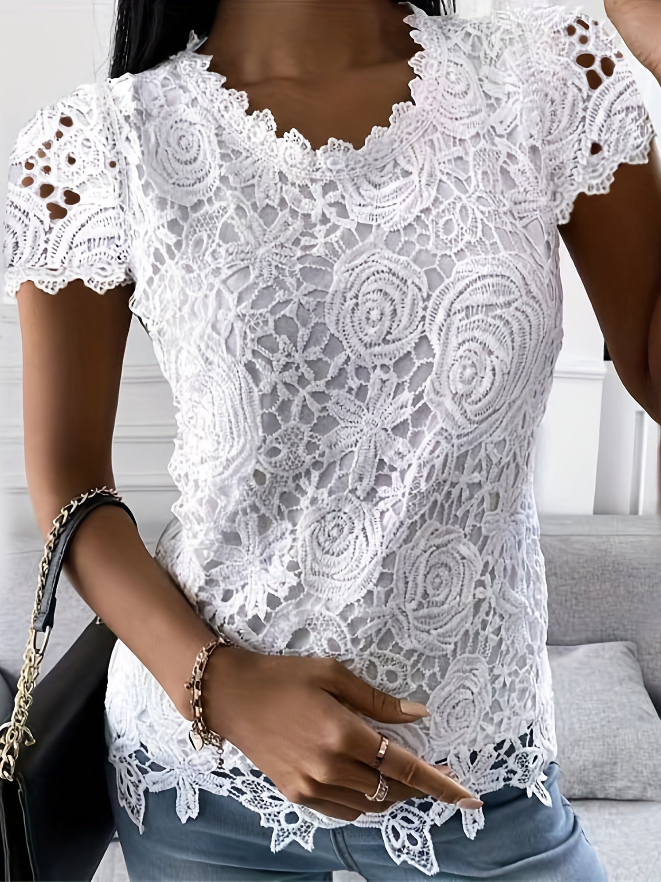 Lace Crew Neck T-Shirt, Elegant Short Sleeve T-Shirt For Spring & Summer, Women's Clothing
