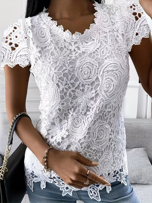 Lace Crew Neck T-Shirt, Elegant Short Sleeve T-Shirt For Spring & Summer, Women's Clothing