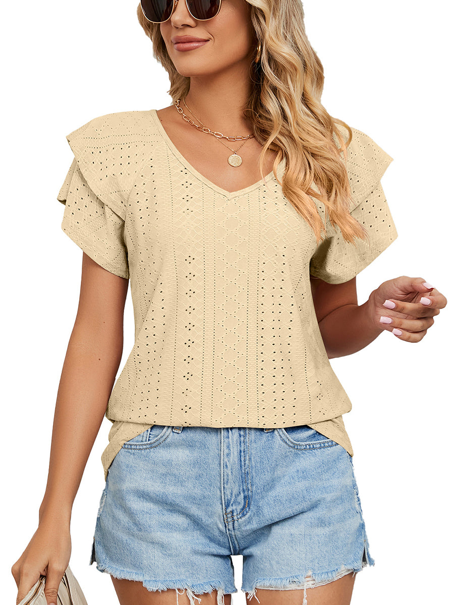 Women’s T-Shirts Solid Color V-Neck Loose Short Sleeve Double Sleeve T-Shirt - LuckyFash™