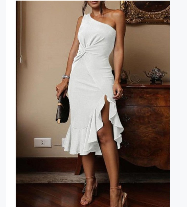One-Shoulder Open Back Hem Slit Ruffled Midi Dress - LuckyFash™