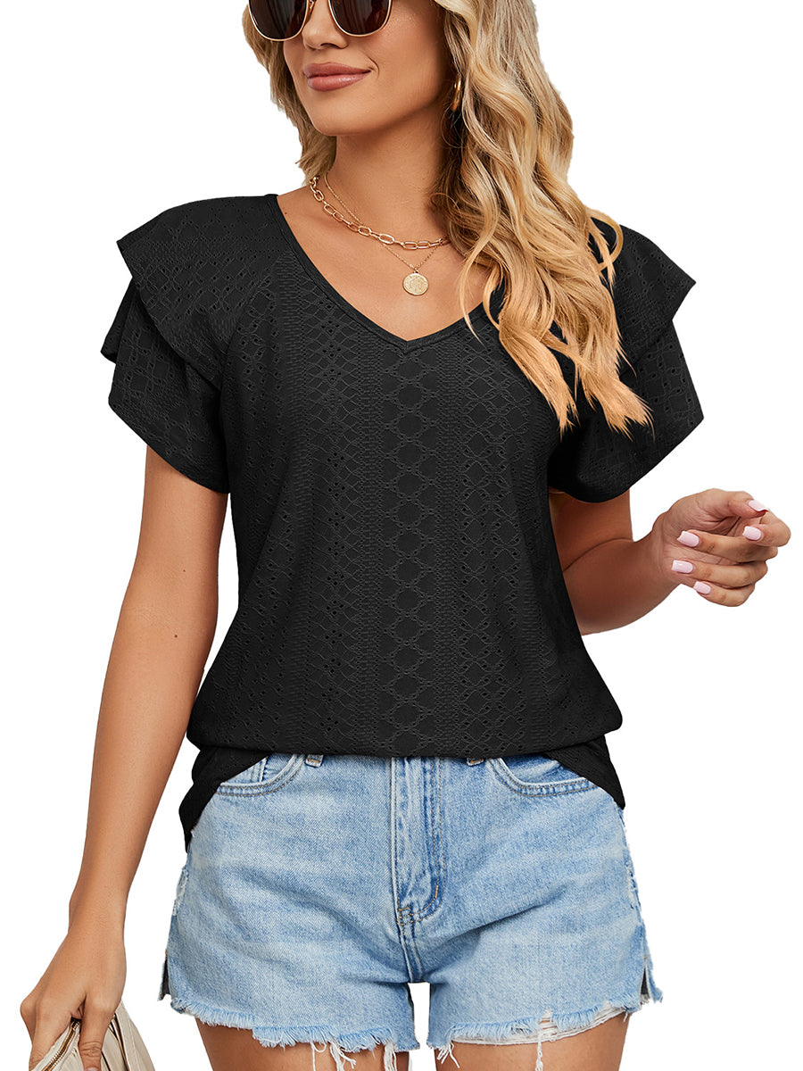 Women’s T-Shirts Solid Color V-Neck Loose Short Sleeve Double Sleeve T-Shirt - LuckyFash™