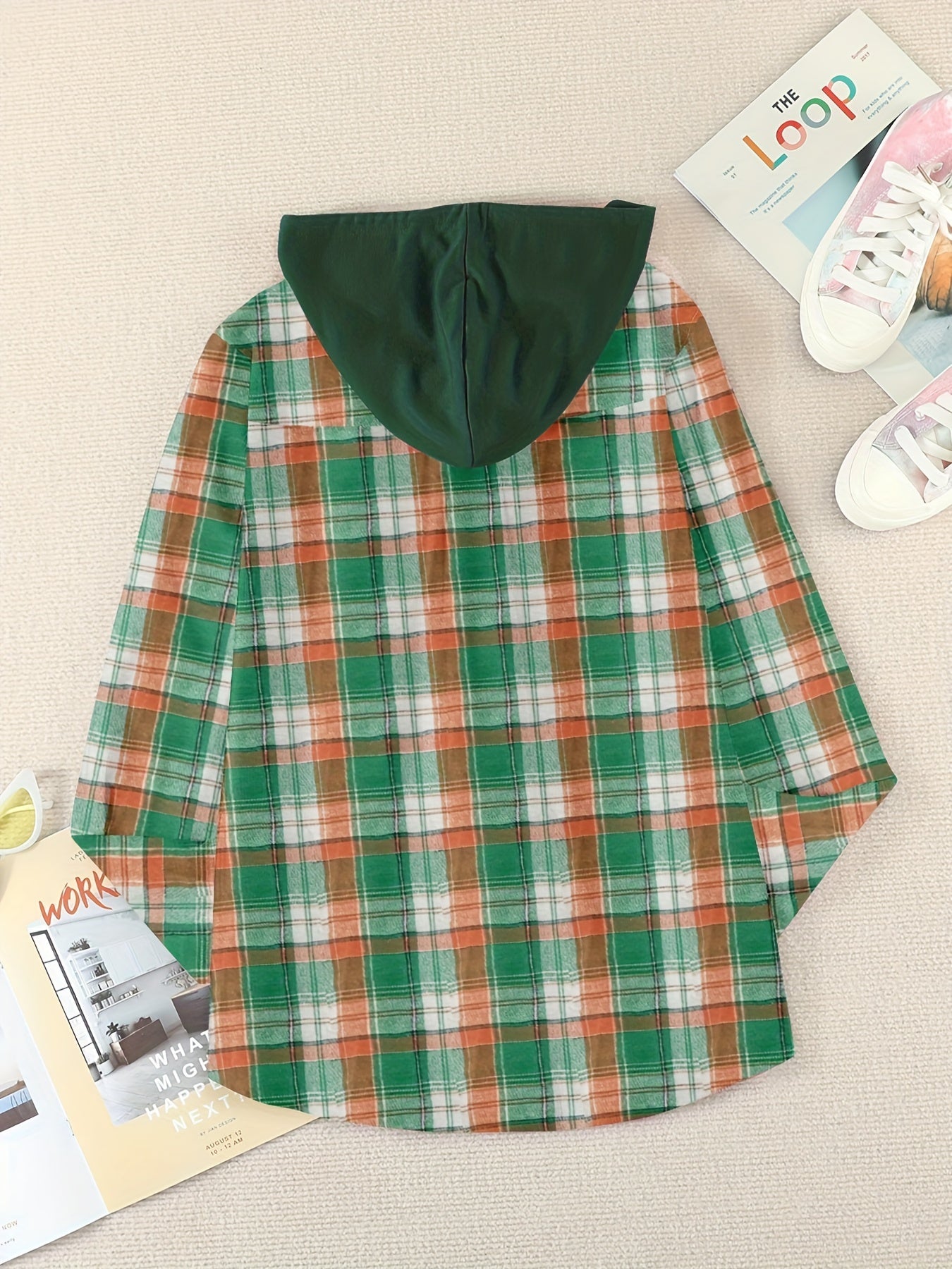 Plaid Print Hooded Shirt, Casual Long Sleeve Drawstring Shirt, Women's Clothing