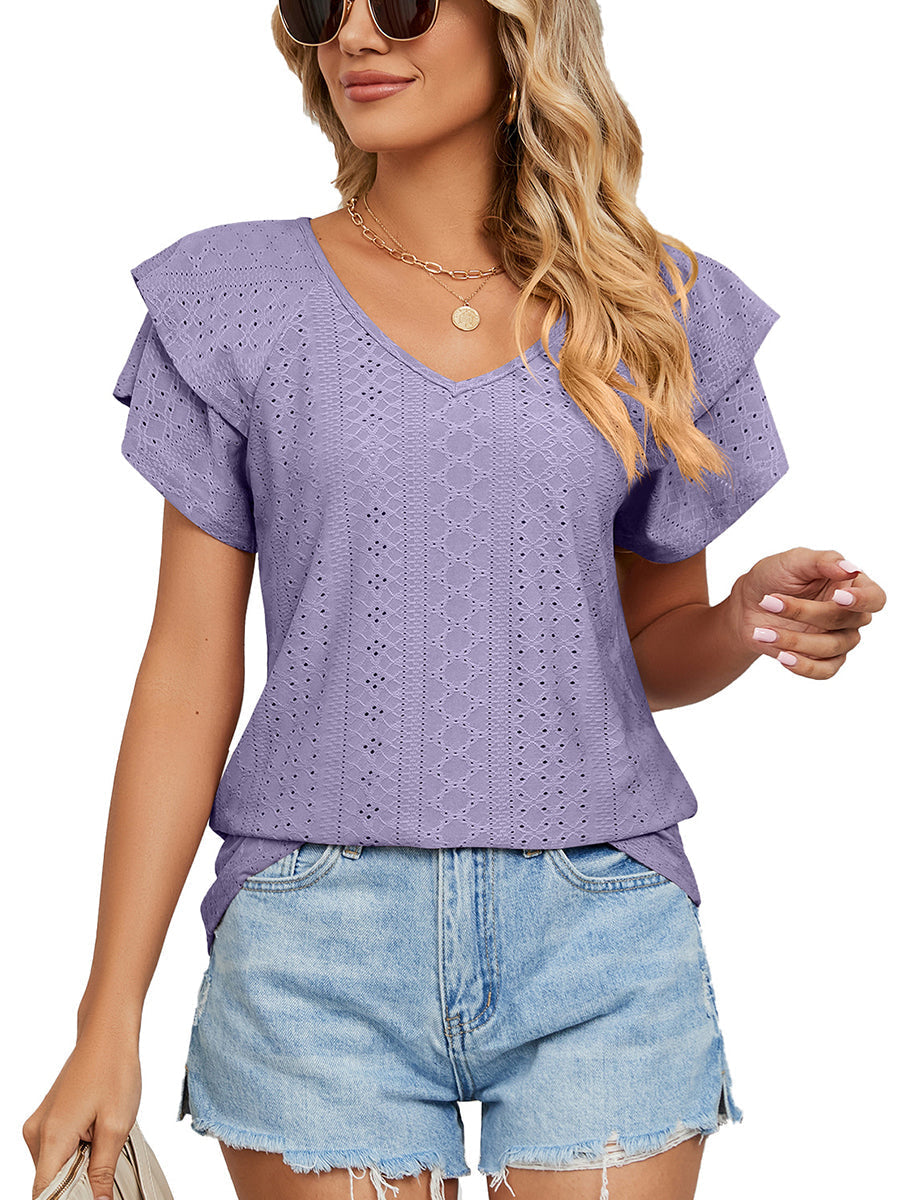 Women’s T-Shirts Solid Color V-Neck Loose Short Sleeve Double Sleeve T-Shirt - LuckyFash™