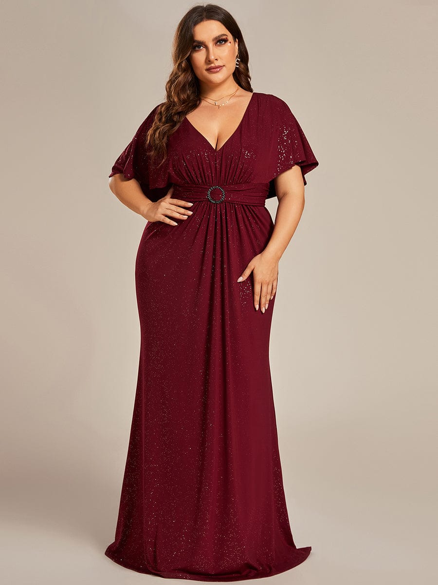 Glamorous Plus Size Mermaid Evening Gown with Glitter Bat-Wing Sleeves and Waist-Cinching Detail