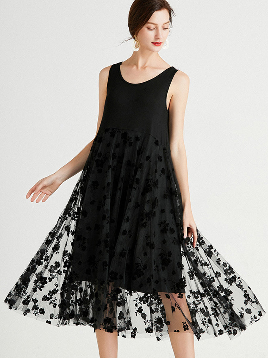 Dresses Medium And Long Sleeveless Round Neck Mesh Midi Dress - LuckyFash™