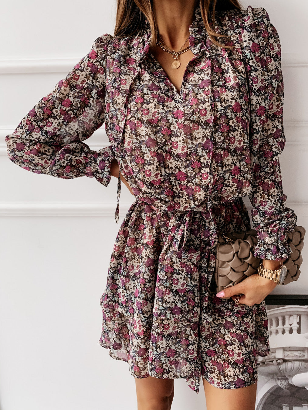 Printed Waist Long Sleeve Mini Dress - LuckyFash™