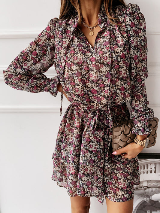 Printed Waist Long Sleeve Mini Dress - LuckyFash™