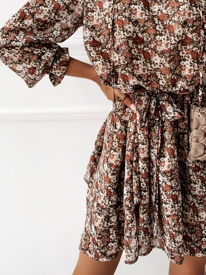 Printed Waist Long Sleeve Mini Dress - LuckyFash™