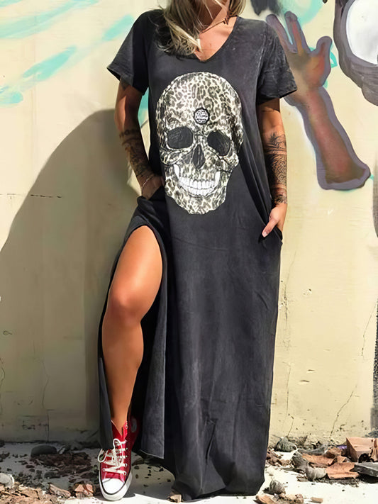 V-neck Short-sleeved Skull Print Slit T-shirt Dress - LuckyFash™